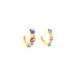 The Multicolor Evil Eye Huggies Earrings, featuring a row of colorful enamel eye designs and adorned with small clear zirconia stones, are beautifully showcased on a plain white background.